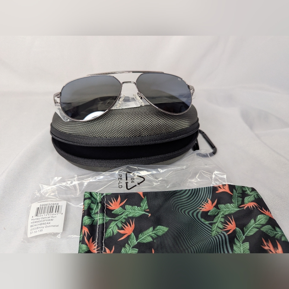NWT Hurley Men's Beachbreak Shiny Gunmetal Sunglasses with Case - Picture 2 of 6